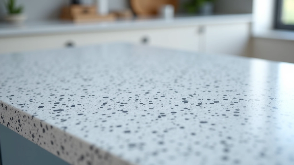 Close-up of quartz countertop surface showing speckled pattern with blue and grey tones