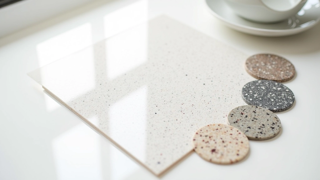 Kitchen countertop samples displayed side by side showing different materials - quartz, granite, and laminate textures