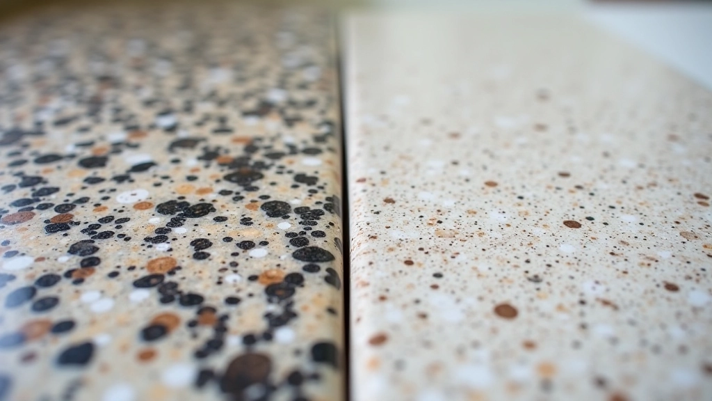 Side-by-side comparison of granite and laminate countertop samples showing texture and finish differences