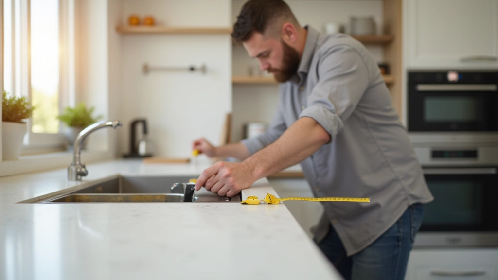 Kitchen renovation in progress showing countertop installation, measuring tape and tools on counter, bright daylight