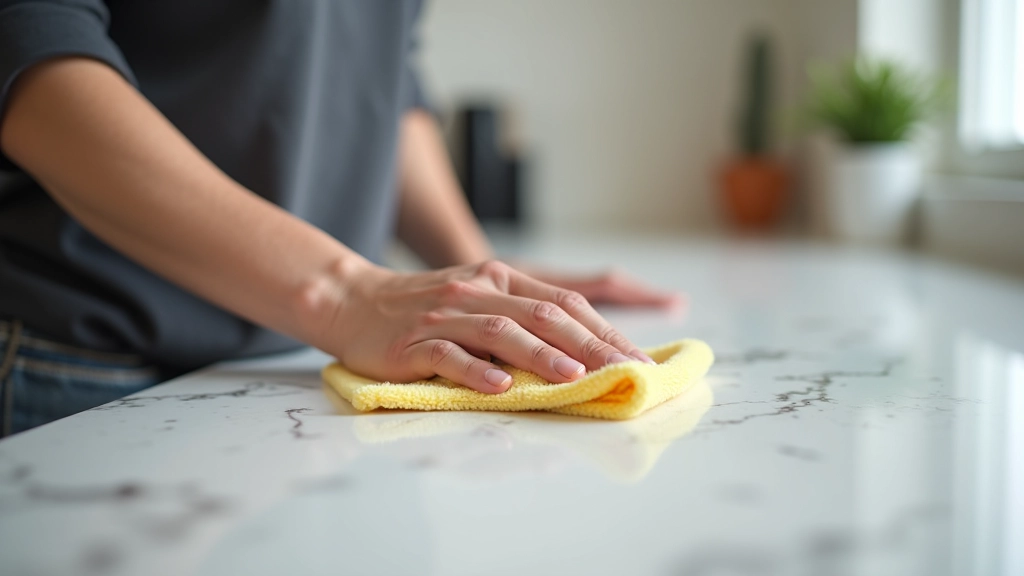 Hands cleaning a granite countertop with microfiber cloth demonstrating daily maintenance routine