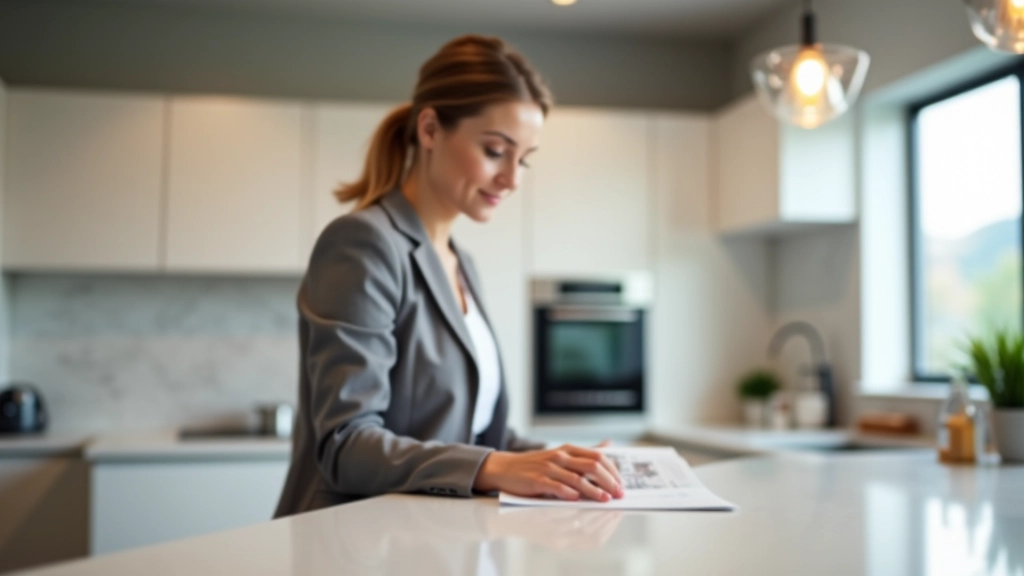 Person examining granite countertop sample, natural light from window, focused inspection of stone texture
